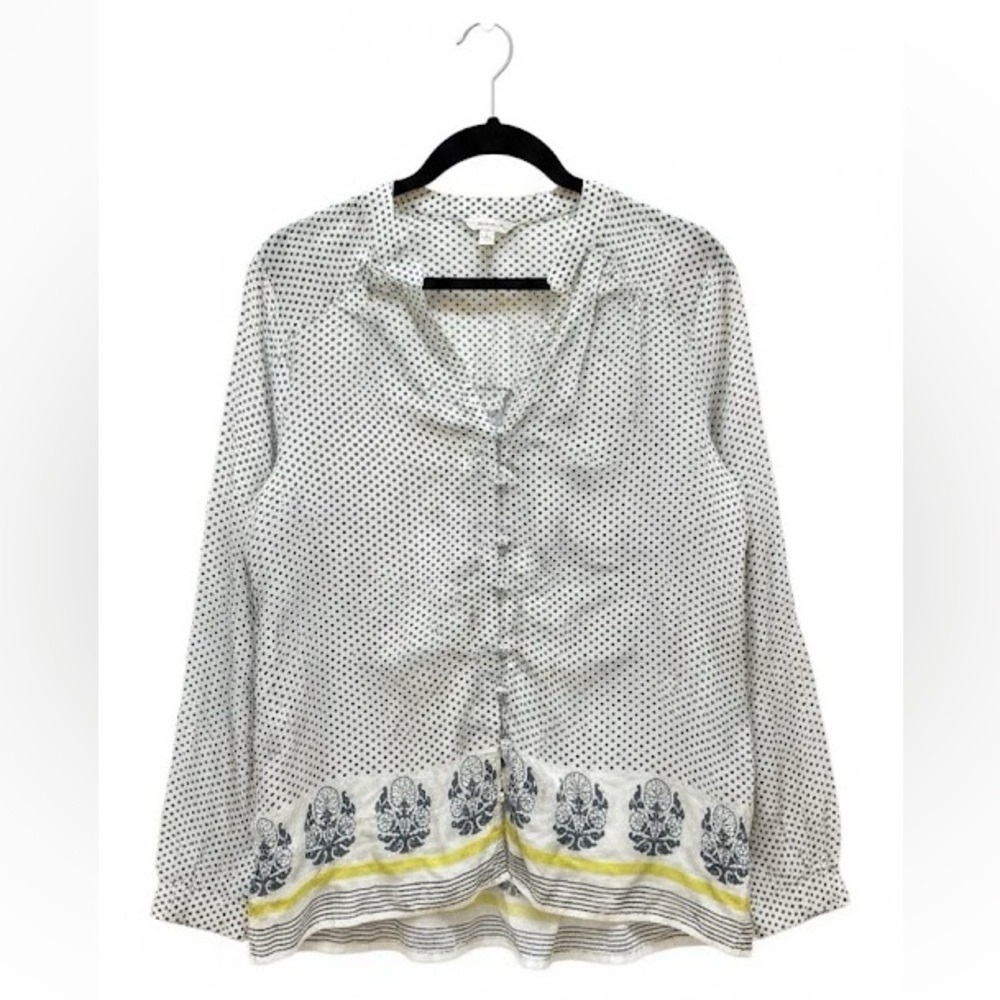 Lucky Brand Polka Dot Floral Border Button Down Top White Blue Yellow Small - Picture 2 of 5